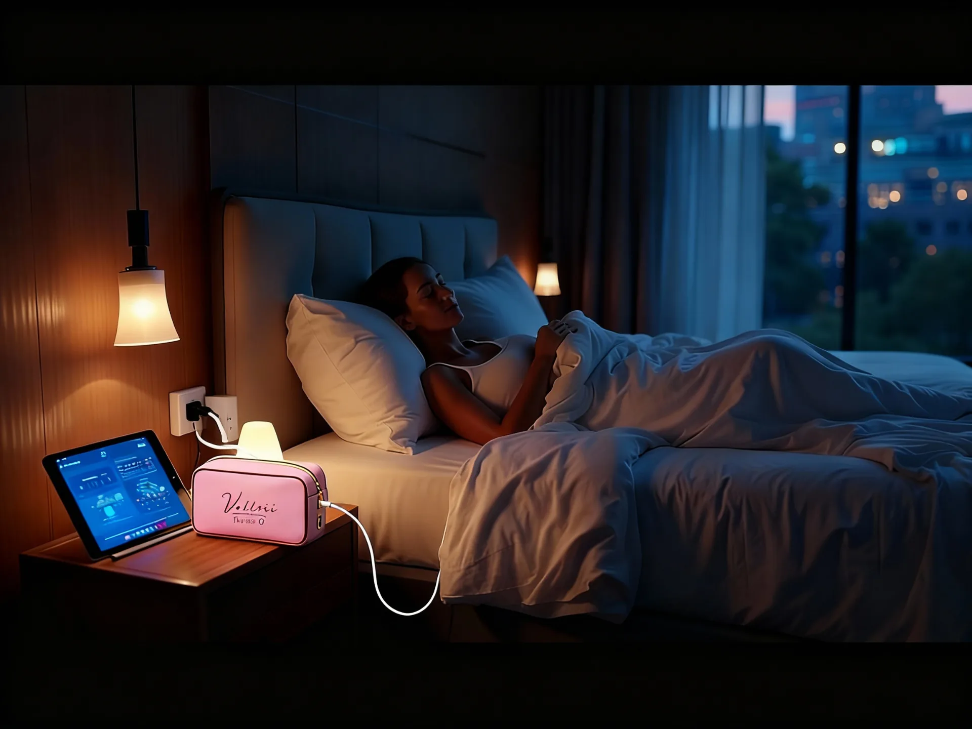 The LUX charging on a bedside table beside a phone charger